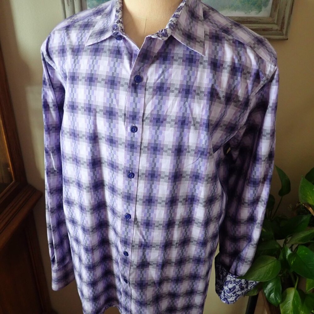 Robert Graham Purple Geometric Digital W/Paisley Trim French Cuff Dress Shirt